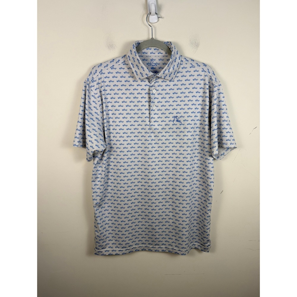 Rhoback Mens Performance Polo Shirt Medium Blue Pickup Truck Print Golf